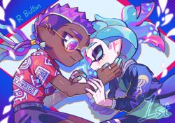 Rule 34 | 2boys, abstract background, aqua shirt, belt, bike shorts, black pants, blue background, blue hair, blue jacket, closed eyes, closed mouth, commentary, dark-skinned male, dark skin, earrings, english commentary, glasses, highres, holding hands, hoop earrings, inkling, inkling boy, inkling player character, jacket, jewelry, long hair, male focus, mole, mole under mouth, multicolored hair, multiple boys, nintendo, open clothes, open jacket, pants, pink hair, pointy ears, print jacket, print shirt, purple hair, red shirt, ring, round eyewear, shirt, short hair, smile, spiked hair, splatoon (series), tentacle hair, torn clothes, torn pants, two-tone hair, ufo sw, yaoi, yellow-framed eyewear