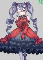 Rule 34 | 1girl, bare shoulders, black gloves, black hair, blush, bow, collarbone, covered collarbone, dress, eyelashes, fang, film grain, flower, frills, gloves, gradient horns, grey background, grey pantyhose, hair between eyes, hair flower, hair ornament, highres, horns, long hair, looking at viewer, makicha (sasurainopink), mole, mole under mouth, multicolored hair, multicolored horns, nijisanji, one eye closed, oni, pantyhose, parted lips, pointy ears, purple eyes, purple hair, purple horns, red bow, red dress, red flower, red rose, rindou mikoto, rose, signature, simple background, skin-covered horns, skin fang, sleeves past wrists, slit pupils, solo, streaked hair, twintails, virtual youtuber