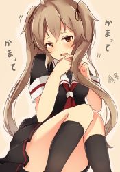 Rule 34 | 1girl, ahoge, black serafuku, black skirt, black socks, blush, brown eyes, commentary request, convenient leg, hair ribbon, kantai collection, light brown hair, long hair, looking at viewer, murasame (kancolle), natsu narumi, neckerchief, one-hour drawing challenge, open mouth, pink background, pleated skirt, red neckerchief, ribbon, school uniform, serafuku, signature, simple background, sitting, skirt, socks, solo, twintails