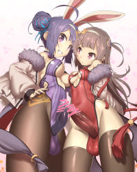 Rule 34 | 2girls, ahoge, animal ears, aqua ribbon, azur lane, bare shoulders, black legwear, breasts, brown hair, bulge, censored, chestnut mouth, cleavage cutout, clothing cutout, collarbone, commentary request, covered erect nipples, covered navel, cowboy shot, dot nose, double bun, erection, erection under clothes, fingernails, from below, fur-trimmed jacket, fur trim, furrowed brow, futanari, grin, groin, hair bun, hair ornament, hair ribbon, hairband, hand on own hip, head tilt, highleg, highleg leotard, highres, huge ahoge, jacket, large penis, large testicles, leotard, long hair, long sleeves, looking at another, looking at viewer, medium breasts, multiple girls, multiple penises, nape, ning hai (azur lane), ning hai (moon palace rabbit) (azur lane), open mouth, pantyhose, parted bangs, penis, penises touching, ping hai (azur lane), ping hai (osmanthus moon rabbit) (azur lane), pink background, puffy long sleeves, puffy sleeves, purple eyes, purple leotard, rabbit ears, red leotard, ribbon, shiny clothes, short eyebrows, short hair, side cutout, sideboob, simple background, skin tight, small breasts, smile, standing, striped clothes, striped leotard, tassel, teeth, testicles, thighhighs, tomoyuki kotani, underboob, v-shaped eyebrows, wet spot, white hairband, white jacket