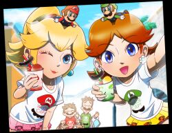Rule 34 | 2boys, 2girls, absurdres, bag, blonde hair, blue eyes, breasts, brothers, brown hair, cellphone photo, day, earrings, facial hair, flower earrings, food, friends, grin, highres, ice cream, jewelry, long hair, looking at viewer, luigi, mario, mario (series), multiple boys, multiple girls, mustache, nintendo, one eye closed, open mouth, ponytail, princess daisy, princess peach, shirt, short hair, siblings, skirt, small breasts, smile, straw, super nintendo world, wink