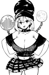 Rule 34 | absurdres, black shirt, breasts, chain, cleavage, clothes writing, earth (ornament), greyscale, hecatia lapislazuli, highres, himajin noizu, large breasts, monochrome, moon (ornament), off-shoulder shirt, off shoulder, plaid, plaid skirt, shirt, simple background, skirt, t-shirt, touhou, white background