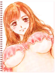 Rule 34 | 1girl, blush, breasts, brown hair, from below, large breasts, light smile, long hair, looking at viewer, looking down, no bra, original, red eyes, simple background, solo, taka (pixiv348569), traditional media, underboob, upper body, white background