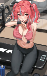Rule 34 | 1girl, absurdres, alternate costume, azur lane, bad id, bad twitter id, bench, black choker, black pants, blush, bottle, breasts, bremerton (azur lane), cellphone, choker, crop top, dumbbell, grey hair, gym, hand up, highres, large breasts, mirror, mole, mole on breast, mole under eye, multicolored hair, nail polish, open mouth, pants, phone, pink nails, pink tank top, red eyes, red hair, shocho, sitting, smartphone, solo, sportswear, streaked hair, sweat, tank top, twintails, water bottle, wristband, yoga pants