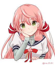 Rule 34 | 10s, 1girl, akashi (kancolle), arm support, blush, breasts, closed mouth, eyebrows, green eyes, hair between eyes, hair ribbon, hand on own cheek, hand on own face, headband, ica, kantai collection, layered sleeves, long hair, long sleeves, looking at viewer, medium breasts, pink hair, puffy short sleeves, puffy sleeves, red ribbon, ribbon, school uniform, serafuku, short over long sleeves, short sleeves, sidelocks, simple background, smile, solo, tress ribbon, twitter username, upper body, white background