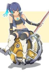 Rule 34 | 1girl, blue shorts, chest jewel, fiery hair, glowing lines, hammer, high tops, leggings, sena (xenoblade), shorts, shoulder strap, sneakers, solo, sports bra, tekology, xenoblade chronicles (series), xenoblade chronicles 3