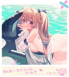 Rule 34 | 1girl, anchorage (azur lane), anchorage (dolphins and swim lessons) (azur lane), azur lane, bandaid, black ribbon, border, bottomless, breasts, check translation, closed mouth, dated, hair between eyes, hair ribbon, heart, highres, inflatable orca, inflatable toy, large breasts, light brown hair, lisa (faeuna), lying, official alternate costume, on stomach, outside border, partially translated, protected link, red eyes, red nails, ribbon, see-through, see-through sleeves, sideboob, smile, solo, thighhighs, topless, translation request, water, white border, white thighhighs