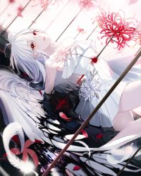 Rule 34 | 1girl, absurdres, ahoge, angel, angel wings, bare legs, bare shoulders, bleeding, blood, blush, buri (retty9349), commentary, crying, crying with eyes open, dress, feathered wings, feathers, flower, highres, long hair, looking at viewer, off-shoulder dress, off shoulder, original, pleated dress, pool of blood, red eyes, sleeveless, sleeveless dress, solo, spider lily, tears, white dress, white eyes, white wings, wings