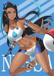 Rule 34 | 1girl, aori sora, arm strap, armpits, bare shoulders, beads, bike shorts, blue background, blue eyes, blue hair, breast hold, breasts, cameltoe, close-up, commentary, creatures (company), cropped legs, dark-skinned female, dark skin, earrings, game freak, gloves, gym leader, hoop earrings, jewelry, long hair, medium breasts, midriff, navel, necklace, nessa (pokemon), nintendo, open mouth, poke ball, pokemon, pokemon swsh, short shorts, shorts, simple background, solo focus, stomach, two-tone background, very long hair, wristband