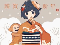 Rule 34 | 1girl, :p, arm hug, black eyes, black hair, candy, floral print, flower, hair flower, hair ornament, highres, japanese clothes, kimono, lollipop, long sleeves, looking at viewer, maco22, mask, mask on head, monkey, monkey mask, obi, original, sash, short hair, smile, solo, text focus, tongue, tongue out, translation request, wide sleeves, yukata