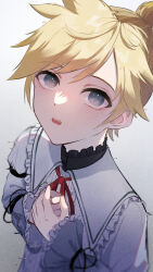 Rule 34 | 1boy, 25-ji len, 25-ji nightcord de. (project sekai), blonde hair, commentary request, gradient background, hands up, highres, kagamine len, long sleeves, looking at viewer, male focus, neck ribbon, open mouth, partial commentary, project sekai, red ribbon, ribbon, short hair, solo, teeth, upper body, upper teeth only, vocaloid, yutan (pom draw)