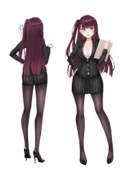 Rule 34 | 1girl, absurdres, alternate costume, anger vein, ass, black footwear, blunt bangs, blush, breasts, cleavage, coffeedog, collarbone, formal, from behind, full body, girls&#039; frontline, hair ribbon, hand on own hip, high heels, highres, holding, jacket, large breasts, long hair, long sleeves, looking at viewer, miniskirt, multiple views, office lady, one side up, open mouth, pantyhose, pantylines, pencil skirt, pointing, pumps, purple hair, purple pantyhose, red eyes, ribbon, shirt, shoes, sidelocks, simple background, skirt, skirt suit, standing, stiletto heels, striped clothes, striped jacket, striped skirt, suit, tsundere, tsurime, very long hair, wa2000 (girls&#039; frontline), white background, white shirt