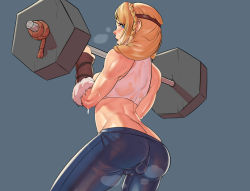Rule 34 | 1girl, ass, astrid hofferson, barbell, blonde hair, blue eyes, braid, butt crack, cameltoe, contemporary, crop top, exercising, female focus, from behind, gloves, hair over shoulder, heavy breathing, how to train your dragon, john doe, long hair, midriff, muscular, nose, see-through, sex toy, side braid, simple background, single braid, solo, spandex, sweat, toned, vibrator, vibrator bulge, vibrator under clothes, weightlifting, wet, wet clothes