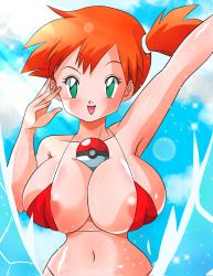 Rule 34 | 1girl, alternate breast size, armpits, asymmetrical hair, bikini, blush, breasts, creatures (company), game freak, green eyes, gym leader, hand up, highres, huge breasts, kyandi db, large breasts, looking at viewer, misty (pokemon), navel, nintendo, nipples, nude, open mouth, orange hair, poke ball, pokemon, pokemon rgby, ponytail, red bikini, short hair, side ponytail, swimsuit, water, wide hips