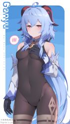 Rule 34 | 1girl, ahoge, aoi suzu, arm at side, artist name, bare shoulders, black gloves, black leotard, blue background, blue hair, blush, border, breasts, brown pantyhose, character name, closed mouth, covered navel, cowboy shot, dated, detached sleeves, ganyu (genshin impact), genshin impact, gloves, gradient background, hand on own chest, highres, horns, leotard, long hair, long sleeves, looking at viewer, low ponytail, outside border, pantyhose, red eyes, small breasts, solo, speech bubble, spoken blush, very long hair, white border