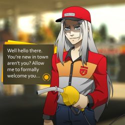 Rule 34 | 1boy, blue eyes, collared shirt, commission, cosplay, dialogue box, english text, final fantasy, final fantasy vii, gas pump, gas pump nozzle, gas station, guilhermerm, hat, holding, izanami (persona), izanami (persona) (cosplay), long hair, long sleeves, male focus, nintendo, outdoors, pale skin, parody, persona, persona 4, sephiroth, shaded face, shirt, sidelocks, silver hair, smile, smirk, solo, super smash bros., uniform, very long hair