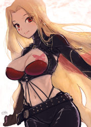 Rule 34 | 1girl, black pants, blonde hair, blush, breast tattoo, breasts, bug, butterfly, cleavage, closed mouth, earrings, eyeharmheart, highres, insect, jewelry, large breasts, long hair, long sleeves, looking at viewer, luis cammy, mole, mole under mouth, navel, nijisanji, outdoors, pants, signature, solo, tattoo, very long hair, virtual youtuber