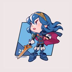 Rule 34 | 1girl, armor, artist name, black gloves, blue cape, blue eyes, blue footwear, blue hair, boots, cape, commentary, english commentary, fingerless gloves, fire emblem, full body, gloves, grey background, hand up, holding, holding sword, holding weapon, long hair, lowres, lucina (fire emblem), nintendo, onemegawatt, open mouth, red cape, simple background, solo, standing, sword, teeth, tiara, upper teeth only, weapon