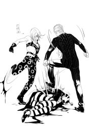 Rule 34 | 3boys, bluemoooon, formal, gloves, greyscale, hat, jojo no kimyou na bouken, kicking, male focus, mask, melone, monochrome, multiple boys, pants, prosciutto, risotto nero, stomping, striped clothes, striped pants, suit
