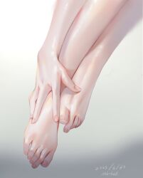 Rule 34 | 1girl, absurdres, artist name, barefoot, dated, feet, foot focus, gradient background, grey background, hand on own foot, highres, nail polish, nekobell, original, out of frame, pink nails, solo, toenail polish, toenails, toes