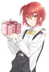 Rule 34 | 1boy, blush, bow, bowtie, box, brown eyes, collared shirt, dress shirt, floral print, gift, gift box, grin, hair between eyes, hanasaki miyabi, hands up, highres, holding, holding gift, holostars, long sleeves, looking at viewer, male focus, one side up, overalls, red hair, saeki sora, shirt, simple background, smile, solo, virtual youtuber, white background, white shirt, yellow bow, yellow bowtie