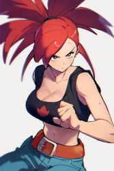 Rule 34 | 1girl, bare shoulders, belt, breasts, cleavage, creatures (company), crop top, denim, flame print, flannery (pokemon), game freak, jeans, large breasts, long hair, nintendo, pants, pokemon, pokemon oras, ponytail, red eyes, red hair, rewin (nobabys perfect), sleeveless, white background