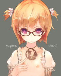 Rule 34 | 1girl, bad id, bad pixiv id, blonde hair, flat chest, glasses, grabbing own breast, grey background, jewelry, necklace, nipple stimulation, nipple tweak, nipples, original, parted bangs, pendant, purple eyes, see-through, short hair, simple background, solo, tetsu (fatqueen), topless, twintails, two side up
