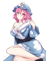 Rule 34 | 1girl, blue hat, blue kimono, breasts, cleavage, closed mouth, hair between eyes, hat, highres, japanese clothes, kimono, large breasts, long sleeves, looking at viewer, mob cap, orchid (orukido), pink eyes, pink hair, saigyouji yuyuko, simple background, smile, solo, touhou, triangular headpiece, white background