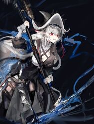 Rule 34 | 1girl, arknights, black background, black dress, black hat, black pantyhose, breasts, cleavage cutout, clothing cutout, dress, grey hair, grin, hat, holding, holding weapon, kyushi (user 41158199), long hair, medium breasts, pantyhose, red eyes, smile, solo, specter (arknights), specter the unchained (arknights), very long hair, weapon