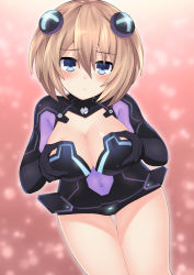 Rule 34 | 1girl, alternate breast size, black gloves, black leotard, blanc (neptunia), blue eyes, blush, breast fondle, breasts, breasts squeezed together, brown hair, cleavage, cleavage cutout, clothing cutout, commentary request, cosplay, covered navel, cowboy shot, d-pad, d-pad hair ornament, elbow gloves, frown, gloves, gluteal fold, grabbing own breast, hair between eyes, hair ornament, hands up, highres, katade, large breasts, leaning forward, leotard, looking at viewer, medium breasts, medium hair, neptune (series), purple heart (neptunia), purple heart (neptunia) (cosplay), skin tight, solo, thigh gap, thighs
