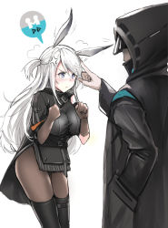 Rule 34 | 1boy, 1girl, anger vein, animal ears, arknights, black coat, black footwear, black gloves, black pantyhose, blush, boots, breasts, clenched hands, closed mouth, clothing cutout, coat, cowboy shot, doctor (arknights), faceless, faceless male, gameplay mechanics, gloves, grey eyes, hand in pocket, hood, hooded coat, large breasts, long hair, looking at another, pantyhose, poking, pout, rabbit ears, savage (arknights), short twintails, shoulder cutout, simple background, standing, strap, thigh boots, thighhighs, twintails, two side up, white background, white hair, yuemanhuaikong