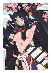 Rule 34 | 1girl, armor, black hair, blue eyes, blue sky, breast curtains, breasts, cherry blossoms, detached sleeves, fate/grand order, fate (series), feather hair ornament, feathers, gloves, hacco mayu, hair bun, hair ornament, hat, highres, japanese armor, long hair, looking at viewer, medium breasts, navel, open mouth, panties, parted bangs, red panties, side ponytail, sidelocks, single side bun, sky, smile, solo, underwear, ushiwakamaru (fate), very long hair, wide sleeves