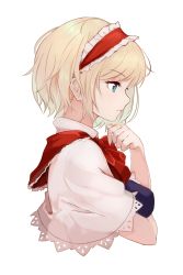 Rule 34 | 1girl, alice margatroid, bare arms, blonde hair, blue eyes, breast hold, breasts, capelet, expressionless, hairband, highres, lips, lumo 1121, medium breasts, profile, simple background, sketch, solo, touhou, upper body, white background