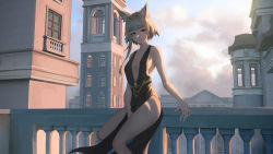 Rule 34 | 1girl, absurdres, alternate costume, animal ear fluff, animal ears, architecture, arknights, balcony, bare hips, bare legs, bare shoulders, black dress, blunt bangs, breasts, cat ears, chinese commentary, cleavage, closed mouth, cloud, cloudy sky, cola-alter, commentary, commentary request, dress, evening gown, eyebrows hidden by hair, eyelashes, feet out of frame, gem, green eyes, hair intakes, highleg, highleg dress, highres, jewelry, kal&#039;tsit (arknights), looking at viewer, medium breasts, nail polish, pelvic curtain, plunging neckline, ring, short hair, sideboob, sidelighting, sky, smile, solo, standing, tower, window