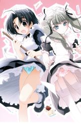 1boy 2girls absurdres aino_pekonen akata_itsuki apron black_dress black_hair blue_eyes blue_panties bow bow_panties broom brown_eyes dress frilled_panties frills garter_straps highres kokoro_navi kuramochi_koharu lace lace-trimmed_panties lace_trim maid maid_apron maid_headdress mary_janes multiple_girls panties petticoat ribbon shoes silver_hair socks thighhighs twintails underwear white_thighhighs