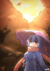 Rule 34 | 1girl, absurdres, artist name, autumn, autumn leaves, blue coat, blue eyes, blue hair, cloud, coat, commentary, debaa, expressionless, falling leaves, heterochromia, highres, holding, holding umbrella, leaf, looking at viewer, pink scarf, red eyes, scarf, short hair, sky, solo, standing, sunset, tatara kogasa, touhou, twilight, umbrella, upper body, yellow sky