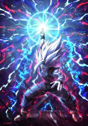 Rule 34 | aura, charging (attack), dragon ball, dragon ball super, dragon ball super super hero, energy, fighting stance, gohan beast, highres, lightning, makankousappou, muscular, muscular male, powering up, red eyes, smirk, son gohan, tagme