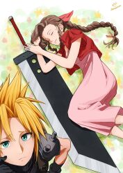 Rule 34 | 1boy, 1girl, aerith gainsborough, aqua eyes, armor, black gloves, blonde hair, braid, braided ponytail, breasts, brown hair, buster sword, closed eyes, closed mouth, cloud strife, cropped jacket, dress, feet out of frame, final fantasy, final fantasy vii, final fantasy vii rebirth, final fantasy vii remake, flower bed, gloves, hair ribbon, hand in own hair, hand on own hip, highres, huge weapon, jacket, light smile, long dress, long hair, looking at viewer, medium breasts, pink dress, pink ribbon, red jacket, ribbon, short hair, short sleeves, shoulder armor, sidelocks, single braid, sleeping, spiked hair, suspenders, wavy hair, weapon, wolkat