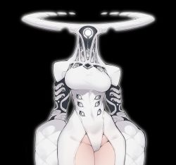 Rule 34 | 1girl, arms at sides, black background, breasts, collarbone, colored eyelashes, di yi xing zian, extra eyes, horns, large breasts, looking at viewer, monster girl, original, oversized forearms, oversized limbs, simple background, solo