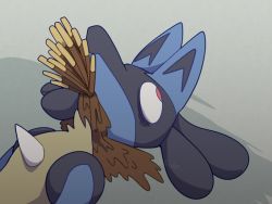 Rule 34 | 1boy, animal ears, artist name, bags under eyes, black fur, blue fur, boke-chan, chocolate, creatures (company), food, furry, furry male, game freak, gen 4 pokemon, grey background, looking up, lucario, lying, male focus, multicolored fur, nintendo, on back, on ground, open mouth, pocky, pokemon, pokemon (creature), red eyes, rolling eyes, signature, simple background, snout, solo, spikes, too many, twitter username, upper body, wolf boy, wolf ears, yellow fur