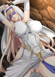 Rule 34 | 10s, 1girl, armpits, arms up, bare shoulders, blindfold, blonde hair, blush, bound, bound wrists, breasts, bridal gauntlets, clothing cutout, dress, gluteal fold, goblin slayer!, gold trim, habit, hair between eyes, hellandheaven, highres, huge breasts, jewelry, large breasts, long hair, necklace, open mouth, panties, side cutout, sidelocks, solo, sword maiden, taut clothes, taut dress, underwear, very long hair, white dress, white panties