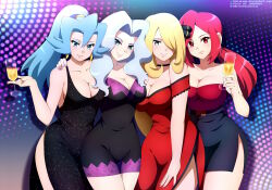 Rule 34 | 4girls, absurdres, alternate breast size, alternate costume, black choker, black dress, blonde hair, blue hair, breasts, choker, clair (pokemon), cleavage, closed mouth, collarbone, commentary, creatures (company), cup, cynthia (pokemon), dress, earrings, english commentary, eyelashes, eyeshadow, game freak, glass, hair between eyes, hair ornament, hair over one eye, highres, holding, holding cup, iharuluna, jewelry, karen (pokemon), large breasts, long hair, looking at viewer, lorelei (pokemon), makeup, multiple girls, nintendo, off-shoulder dress, off shoulder, parted lips, pokemon, pokemon dppt, pokemon frlg, pokemon gsc, pokemon hgss, ponytail, red dress, red eyes, red shirt, shirt, side slit, skirt, smile, strapless, strapless shirt