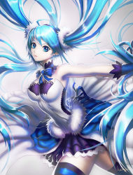 Rule 34 | 1girl, armpits, blue bow, blue eyes, blue hair, bow, bowtie, cowboy shot, detached collar, dress, floating hair, fur trim, hair ornament, hatsune miku, highres, long hair, lucky9, matching hair/eyes, miniskirt, outstretched arm, parted lips, signature, skirt, sleeveless, solo, thighhighs, twintails, very long hair, vocaloid, zettai ryouiki