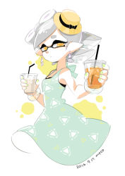 Rule 34 | + +, 1girl, artist name, black border, border, bow, brown hat, closed mouth, commentary, cowboy shot, cup, dated, disposable cup, dress, drinking straw, earrings, green dress, grey hair, half-closed eyes, hat, hat bow, holding, holding cup, iced tea, inkling, jewelry, light frown, looking at viewer, marie (splatoon), mask, meco, medium dress, mini hat, mole, mole under eye, nintendo, no legs, pointy ears, porkpie hat, print dress, religious offering, short hair, signature, simple background, sleeveless, sleeveless dress, solo, standing, straw hat, swept bangs, tentacle hair, white background