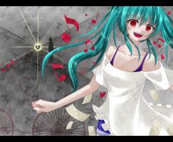 Rule 34 | 1girl, aqua hair, bad id, bad pixiv id, beamed quavers, green hair, hatsune miku, letterboxed, long hair, musical note, quaver, red eyes, shimeji hachi, solo, tears, twintails, unhappy refrain (vocaloid), vocaloid