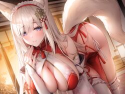 Rule 34 | 1girl, animal ears, bare shoulders, bent over, blush, breasts, cleavage, closed mouth, commentary request, detached sleeves, dress, fox ears, fox girl, fox tail, grey eyes, hair ornament, hand up, large breasts, long hair, long sleeves, looking at viewer, original, oyuwari, panties, red dress, side-tie panties, sideboob, smile, solo, tail, thighhighs, thighs, underwear, white hair, white headwear, white panties, white thighhighs