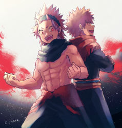 Rule 34 | 2boys, abs, adcalcium, back-to-back, bakugou katsuki, black coat, black pants, black scarf, blonde hair, boku no hero academia, clenched hands, coat, commentary request, crossed arms, grey background, highres, kirishima eijirou, looking at another, male focus, multiple boys, nipples, official alternate costume, open mouth, pants, pectorals, red eyes, red hair, red scarf, scarf, sharp teeth, short hair, signature, simple background, smile, spiked hair, standing, teeth, topless male