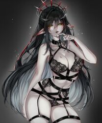 1girl absurdres black_bra black_garter_belt black_garter_straps black_hair black_panties bra breasts cleavage colored_inner_hair garter_belt garter_straps green_eyes highres indie_virtual_youtuber lace lace_bra lace_panties large_breasts layna_lazar lingerie long_hair looking_at_viewer miuq_chan multicolored_hair narrowed_eyes panties pointy_ears solo two-tone_hair underwear virtual_youtuber white_hair