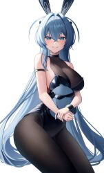 Rule 34 | 1girl, absurdres, animal ears, arm strap, azur lane, black leotard, blue eyes, blue hair, bodystocking, breasts, cleavage, commentary request, covered collarbone, crossed bangs, grin, hair between eyes, hair intakes, highleg, highleg leotard, highres, holding, invisible chair, large breasts, leotard, long hair, looking at viewer, manjuu (azur lane), meraring, new jersey (azur lane), new jersey (exhilarating steps!) (azur lane), official alternate costume, own hands together, playboy bunny, rabbit ears, raised eyebrows, see-through, see-through cleavage, simple background, sitting, smile, solo, strapless, strapless leotard, sunglasses, thighs, very long hair, white background, wrist cuffs