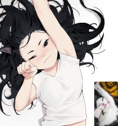 Rule 34 | 1girl, :3, animal ears, black eyes, black hair, blush, cat ears, closed mouth, commentary, derivative work, dongho kang, flat chest, highres, long hair, looking at viewer, lying, messy hair, on back, one eye closed, original, paw pose, photo-referenced, photo inset, reaching, reaching towards viewer, real life, shirt, short sleeves, smile, solo, symbol-only commentary, upper body, white shirt